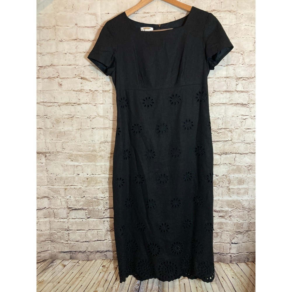 Talbots Midi Dress 6 Petite Black‎ Linen Blend Eyelet Embroidered Square Neck
